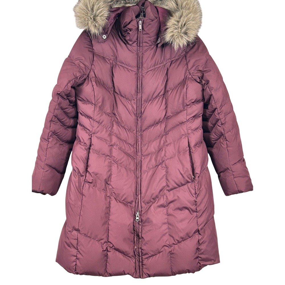 Lands End Womens Petite Med. Burgundy Down Puffer Parka Faux Fur Hood Coat Cold